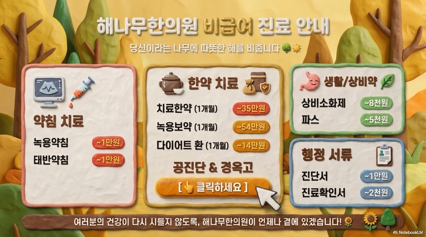 해나무한의원 비급여 진료 안내 - 약침 치료, 한약 치료, 생활/상비약, 행정 서류 비용 안내